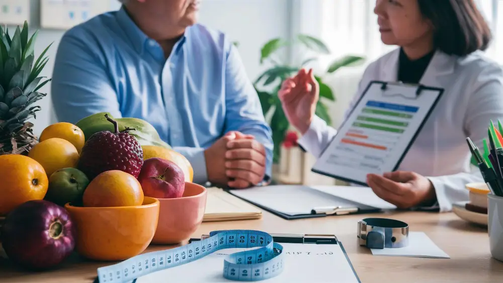 A doctor discussing weight loss options with a patient. A fruit bowl and tape measure are in the foreground